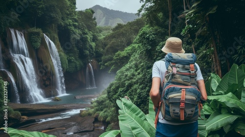 Fototapeta Naklejka Na Ścianę i Meble -  A backpacker in a straw hat and carrying a backpack stands before a scenic, multi-tiered waterfall surrounded by lush jungle foliage.