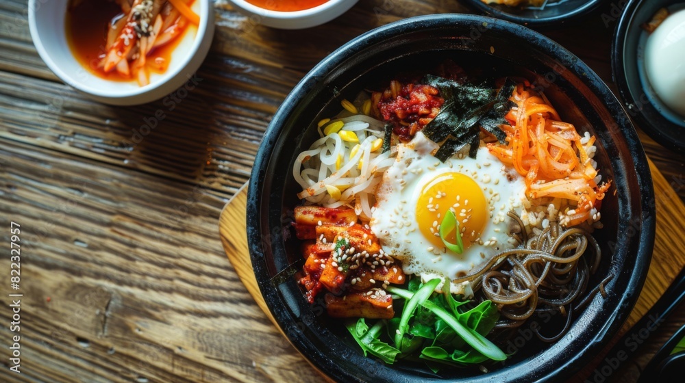 A beautifully plated traditional Korean dish, capturing the vibrant colors and textures of the ingredients, set on a rustic wooden table. A beautifully plated traditional Korean dish, capturing the vibrant colors and textures of the ingredients, set on a rustic wooden table.