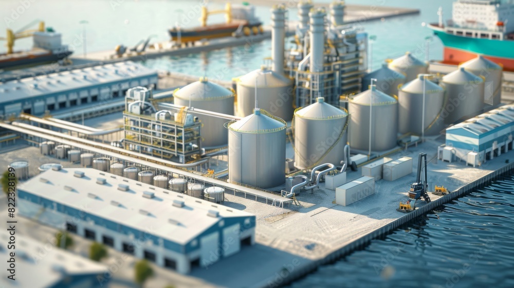 A deep sea port specialized in bulk cargo handling, with huge storage silos and conveyor systems, in a photorealistic, industrial style. --ar 16:9 A deep sea port specialized in bulk cargo handling, with huge storage silos and conveyor systems, in a photorealistic, industrial style. --ar 16:9