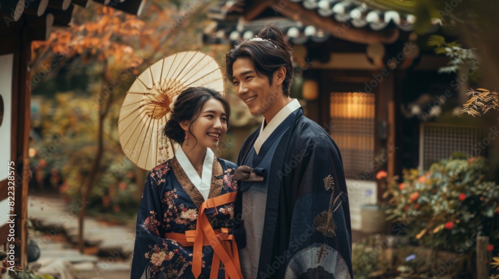 A dramatic reenactment of a K-drama scene in a picturesque garden, with actors in stylish outfits and a romantic atmosphere. A dramatic reenactment of a K-drama scene in a picturesque garden, with actors in stylish outfits and a romantic atmosphere.