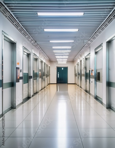 3D render  Empty white futuristic corridor with neon blue and pink lights  leading to a sleek  modern interior with silver walls  corridor in hospital