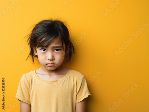 Tan background sad Asian child Portrait of young beautiful in a bad mood child Isolated on Background, depression anxiety fear burn out health 
