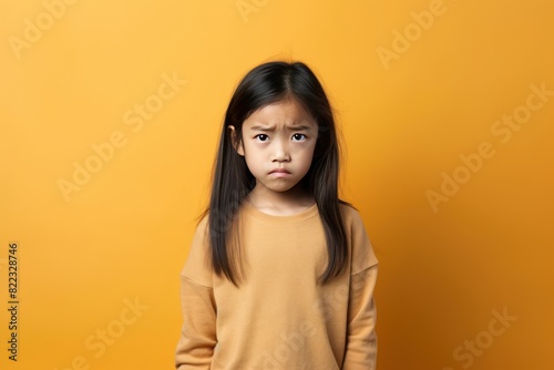 Tan background sad Asian child Portrait of young beautiful in a bad mood child Isolated on Background, depression anxiety fear burn out health  © Zickert