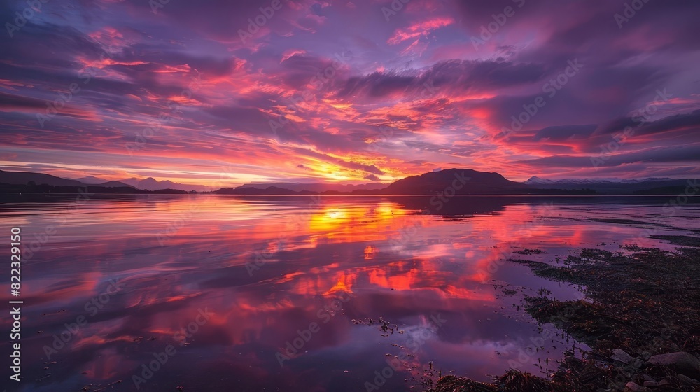 Obraz premium breathtaking fiery sunset with vibrant shades of orange pink purple and yellow creating an ethereal and dreamy atmosphere landscape photography