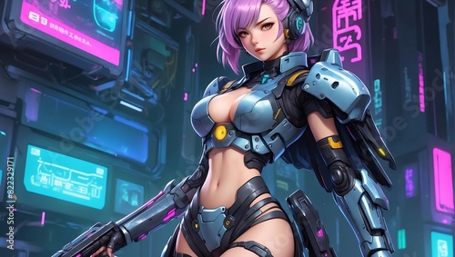 Beautiful cyberpunk anime girl character wearing tech armor