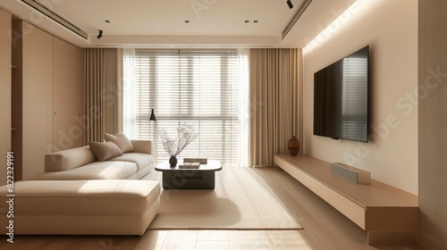 A minimalist shot of a modern Korean apartment with clean lines  neutral color palettes  and a simple yet elegant decor. --ar 16 9 --style raw Job ID  34246778-47a6-4e83-867d-7340510f95de