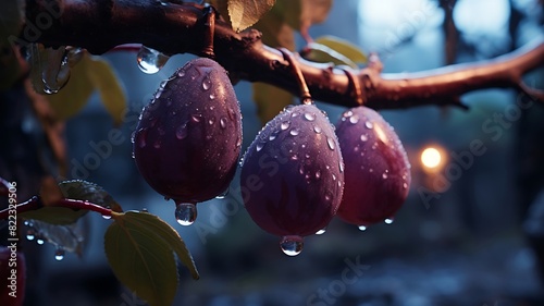 Glistening Damsons on Branches: Nature's Bounty in Shades of Purple, Hanging Plump and Ripe, Ready to be Harvested in the Warmth of Summer's Embrace. photo
