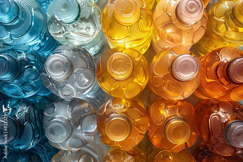 Pile of mineral water bottles bright background