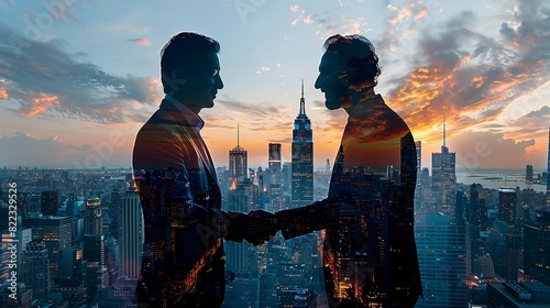 Double exposure Business, Double exposure of a businessman shaking hands with a colleague, overlaid with a city skyline and office buildings, symbolizing successful urban business partnerships.