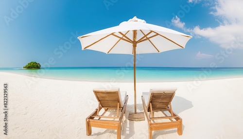 white sandy beach with wooden sunbeds under an umbrella