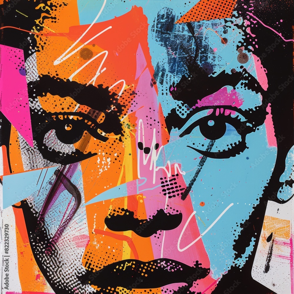 Obraz premium Abstract art of a woman’s face painted with colorful oil color in shade of bright pink, blue, and orange wallpaper.