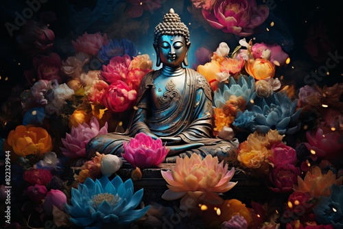 Elegant buddha statue in meditation, surrounded by vibrant lotus blooms in a peaceful setting