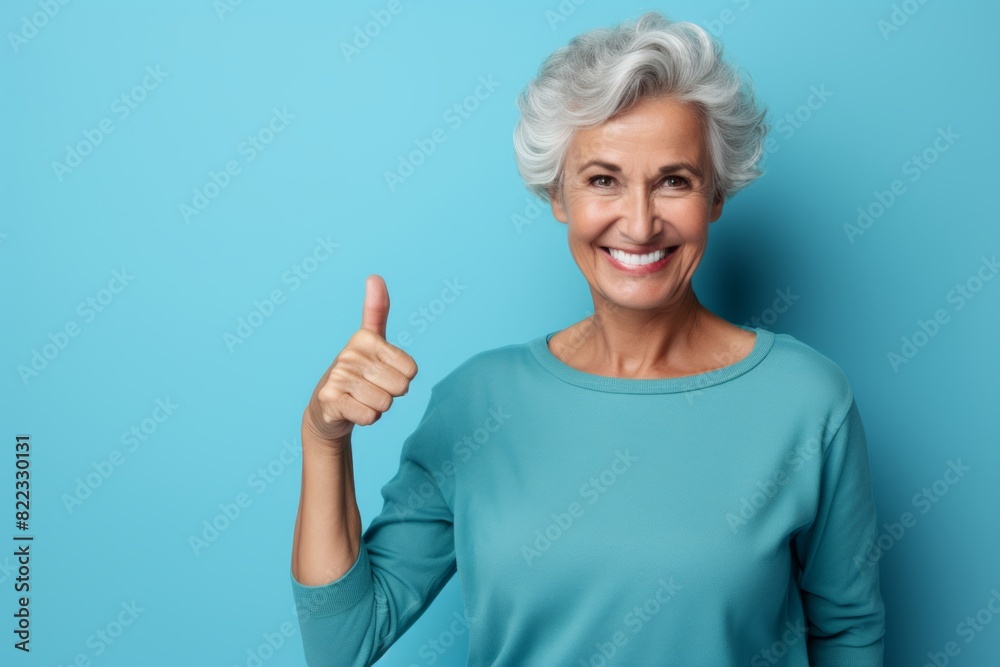 Portrait of a cheerful woman in her 60s showing a thumb up while standing against bare monochromatic room