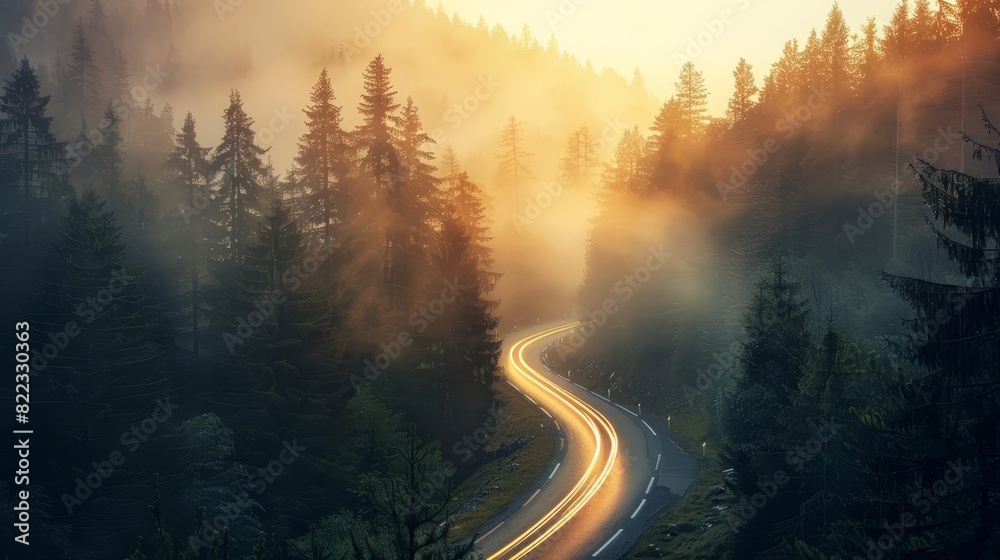 car headlights on winding road through misty pine forest at sunset long exposure photography