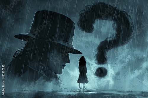 A tiny woman in a trench coat several sizes too big stands shivering under a giant raincloud, tears streaming down her exaggerated mascara-drawn eyes photo