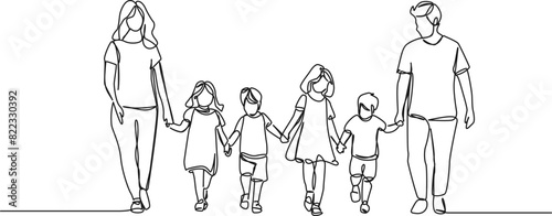 continuous single line drawing of mom and dad with four kids, patchwork family line art vector illustration