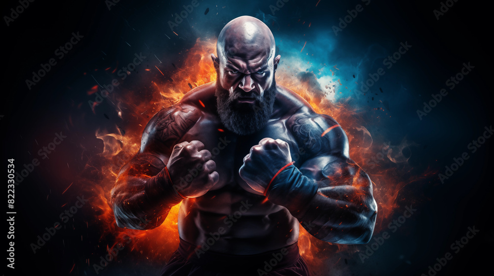 Muscular mix fighter on dark background with dynamic elements Muscular mix fighter on dark background with dynamic elements