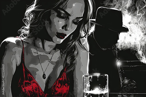smoke-filled jazz club pulsates with the rhythm of a bluesy saxophone in a noir illustration. A lone woman in a red dress, its color the only thing vibrant in the black and white scene photo