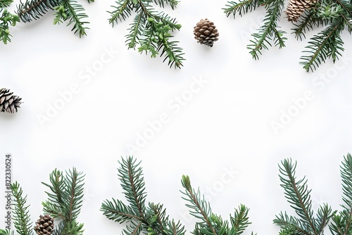 Green Cypress Branches and Pine Cones on White Background