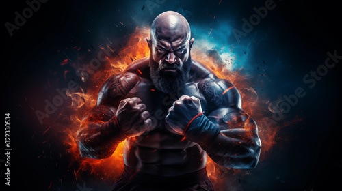 Muscular mix fighter on dark background with dynamic elements