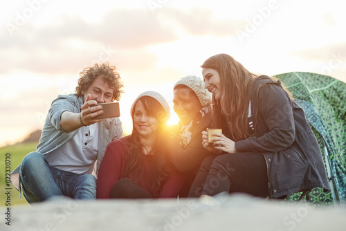 Camping, nature and selfie of friends for adventure, profile picture and vacation memory in Switzerland. Outdoor, camper or group of people with photography, travel experience and relax in morning