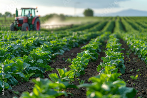 Tractor working in a vast green agricultural field, illustrating farming and agriculture with lush crops and vibrant greenery. photo