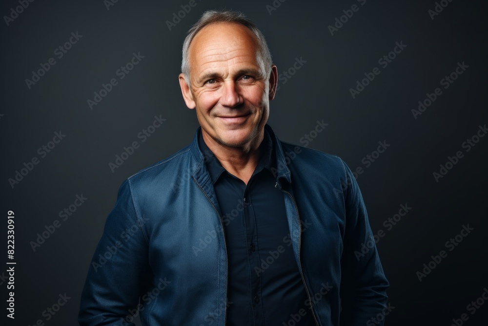 Portrait of a smiling man in his 60s with arms crossed isolated in bare monochromatic room