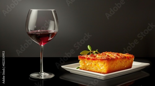 With a glass of red wine and a minimalist food dish. With space on top. Generative Ai photo