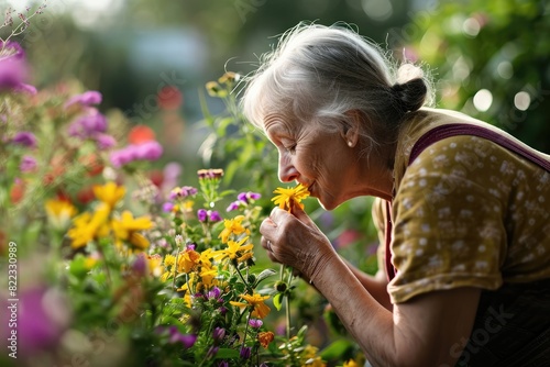 A senior woman smelling flowers in a garden, simple pleasures