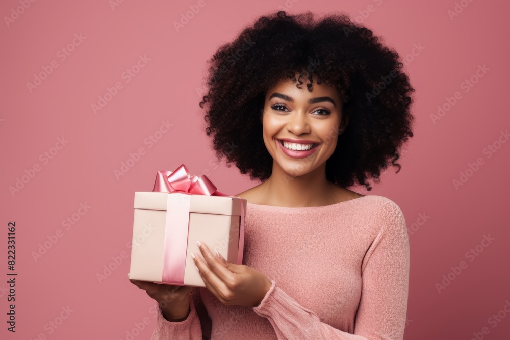 Portrait of a joyful afro-american woman in her 20s holding a gift while standing against bare monochromatic room Portrait of a joyful afro-american woman in her 20s holding a gift while standing against bare monochromatic room