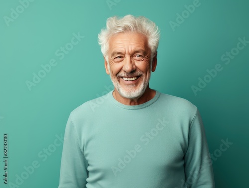 Teal background Happy european white man grandfather realistic person portrait of young beautiful Smiling old man Isolated on Background Banner 
