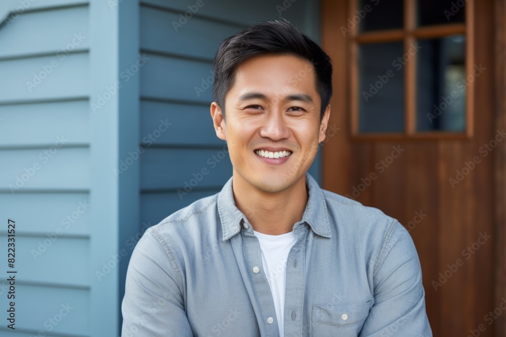 Obraz premium Portrait of a joyful asian man in his 30s smiling at the camera over stylized simple home office background