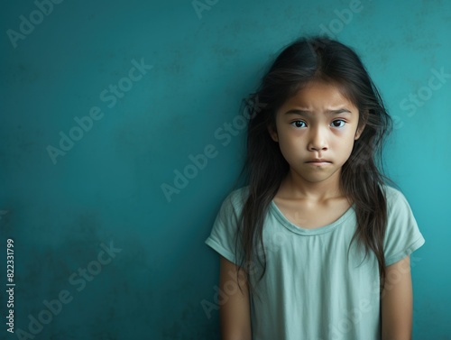 Teal background sad Asian child Portrait of young beautiful in a bad mood child Isolated on Background, depression anxiety fear burn out health 