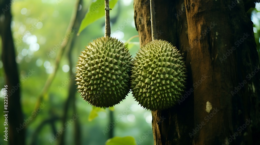 Exotic Durians Hanging from Lush Trees: A Bounty of Nature's Delicacy, Ready to Harvest and Indulge in the Unique Flavor and Aroma of the King of Fruits.