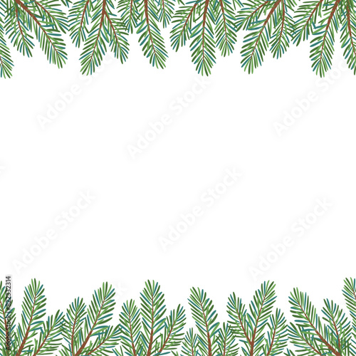 Christmas tree seamless border isolated on white. Hand drawn trendy flat style green spruce branches Christmas Larch, Pine, evergreen tree seamless banner for holiday decoration. Vector illustration