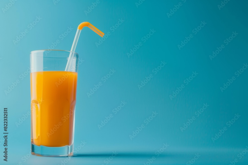 orange juice in a glass with a straw on a blue background. Minimalist plain blue background for product photography with just one object of orange juice in the center orange juice in a glass with a straw on a blue background. Minimalist plain blue background for product photography with just one object of orange juice in the center