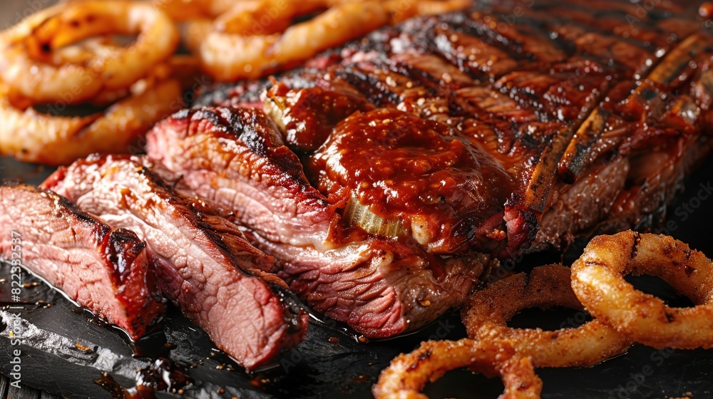 Barbecue dry aged wagyu roast beef steak with BBQ chili and onion rings served . Generative Ai Barbecue dry aged wagyu roast beef steak with BBQ chili and onion rings served . Generative Ai