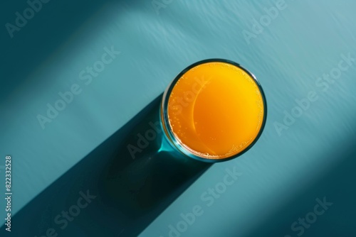 orange juice in a glass with a straw on a blue background. Minimalist plain blue background for product photography with just one object of orange juice in the center