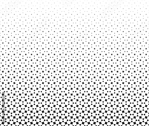 Geometric pattern of black stars on a white background.Seamless in one direction.Option with an Average fade out.The scale transformation method.