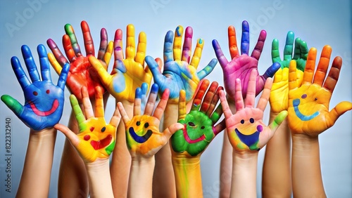 group of happy smiling colorful painted hands showing the word