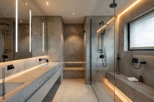 Minimalist bathroom with concrete walls and flooring. Corner shower with clear screens. Long vanity under built-in sink. Mirrored cabinet with lighting