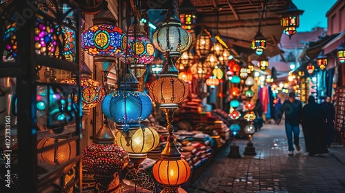 colorful moroccan lanterns illuminating a traditional souk in marrakech travel photography