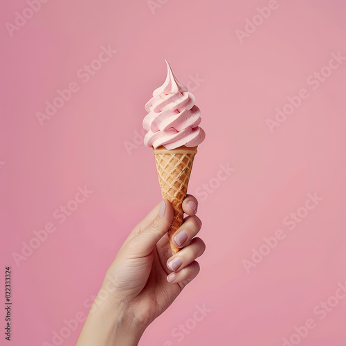 close up minimalist photo advertisement for hand holding an Ice Cream Cone, solid pastel background, studio lighting