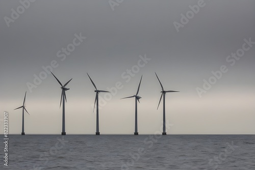 Windmills stand in the sea on a cloudy day. Wind turbines stand in the sea.
