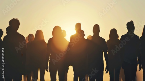 Group of diverse silhouettes of people standing together in unity photo