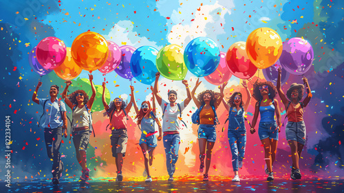 cartoon style illustration of diverse group of superheroes with rainbow capes vector illustration detailed,