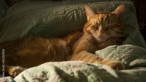 Ginger tabby cat comfortably sleeping on a quilted blanket  basking in soft  warm light  exuding contentment and coziness.