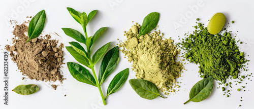 powdered herbal medicine leaves white background widescreen , Generate AI