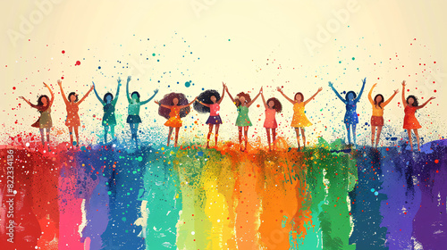 cartoon style illustration of diverse group of superheroes with rainbow capes vector illustration detailed,