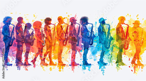 cartoon style illustration of diverse musicians playing rainbow-colored instruments vector illustration detailed,